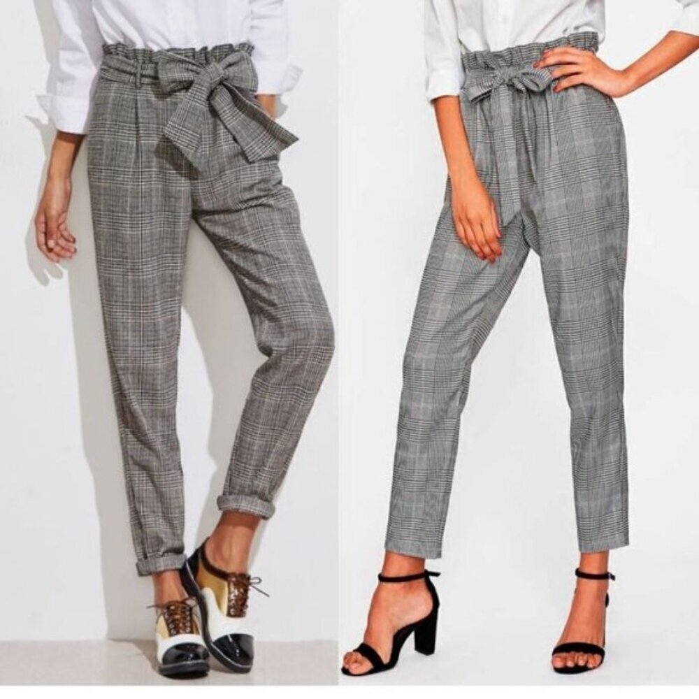 Zara Black White Plaid Pants Paper Bag Belted Trouser Preppy Career